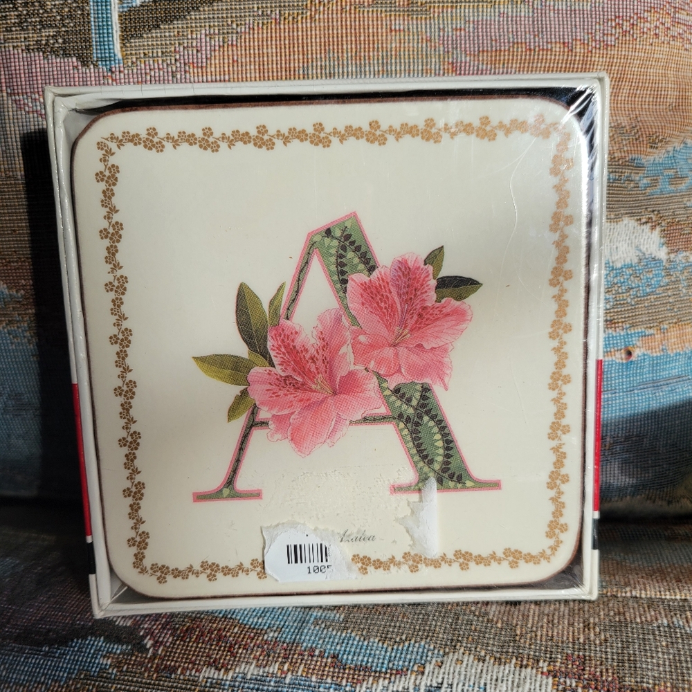 Azalea Floral Monogram Coasters "A" ~ Pimpernel ~ NIB/NOS ~ Tropical ~ Cork Back